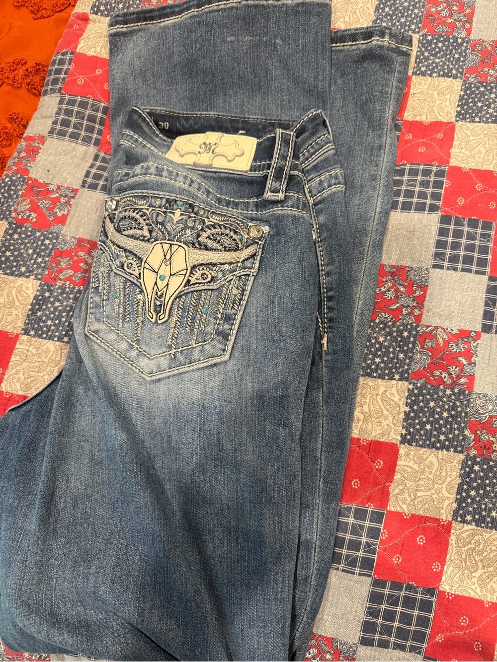 Miss Me Blue Embroidered Pocket Jeans with Turquoise Accents